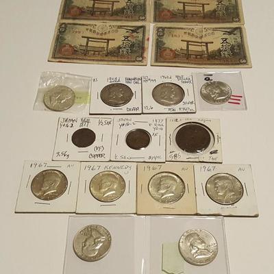 HCC007 Kennedy & Franklin Silver Half Dollars, Japanese Coins & Notes
