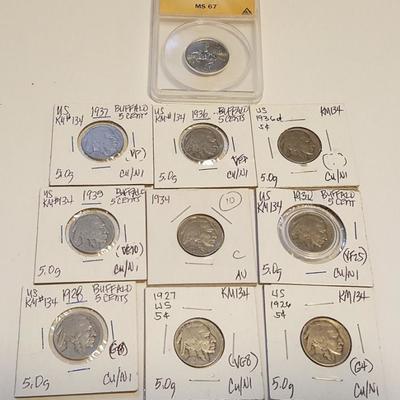 HCC063 Nine US Buffalo Nickels, ANACS Slabbed Delaware Quarter
