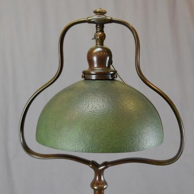 HANDLE BRONZE FLOOR LAMP, GREEN MOSSERINE SHADE SIGNED