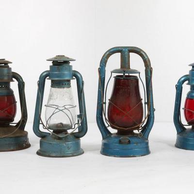 Group Of 4 Lanterns. 3 Have Red Glass.