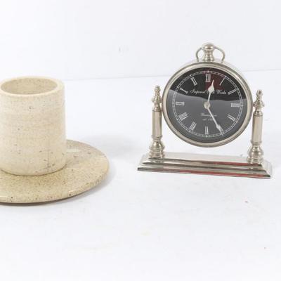 Potttery Barn Stone Cheese Plate With Stone Wine Holder And Clock.	