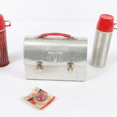 Vintage Aluminum Thermos Lunch Box With Matching And Extra Thermos. 