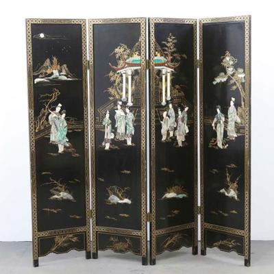 Oriental Room Divider Screen With Stone Inlays	
