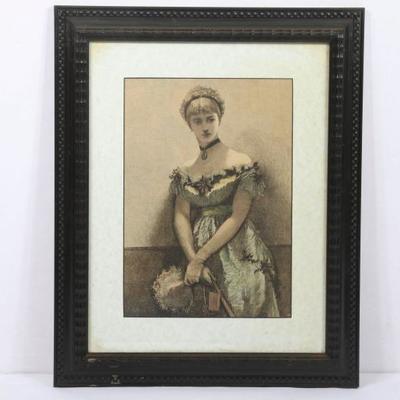 Framed Hand Tinted Engraving Elegant Portrait Of A Woman. 