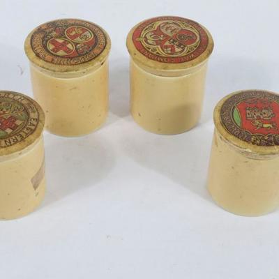 4 Small Stoneware Canisters With British Railroad Lids	