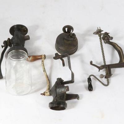Group Containing 2 Coffee Grinders, Brass Lamp And Apple Peeler. 
