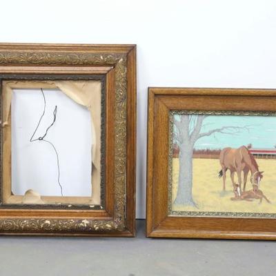 Group Of 2 Oak Frames With One Containing Watercolor Of Horse And Foal.
