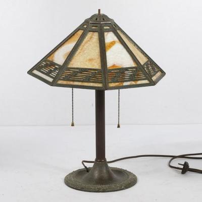 Bronze Lamp With Slag Glass Shade	