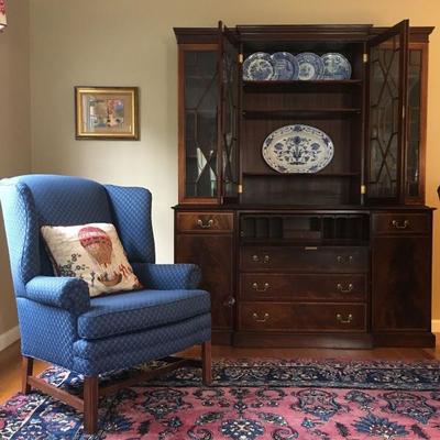 Pair of Blue Wing Back Arm Chairs, Antique Persian Rug, Breakfront