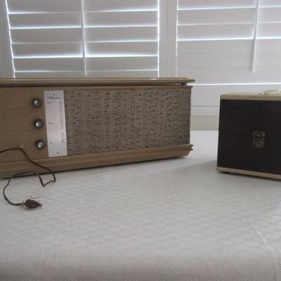 Vintage record player, brand new never been used, and a 45 record box container