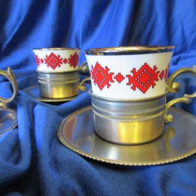 Pewter cup and saucer with fine porcelain expresso cup, set of 6