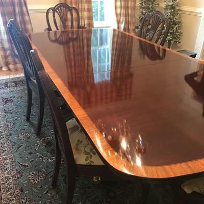 Hickory White Banded Mahogany Double Pedestal Dining Room Table with brass toe caps 
