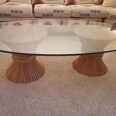 Oval Glass Top Coffee Table Double Ratan Woven Base
