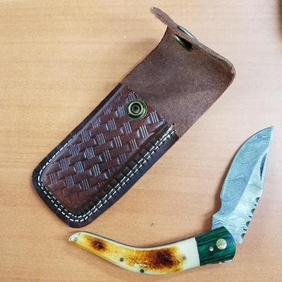 7 1/2" Damascus Folding Knife with camel bone handle
