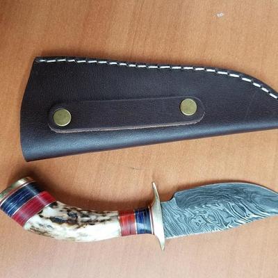 8" Damascus Full Tang Hunting Knife with bone handle