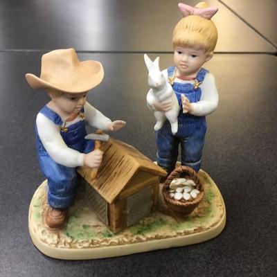 1985 Homco Denim Days Boy and Girl with Rabbit