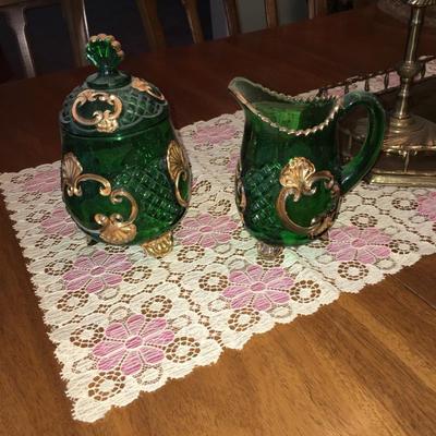 Antique green glass cream & sugar