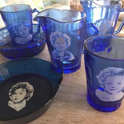 Shirley Temple cobalt blue Hazel Atlas Depression Glass dishes