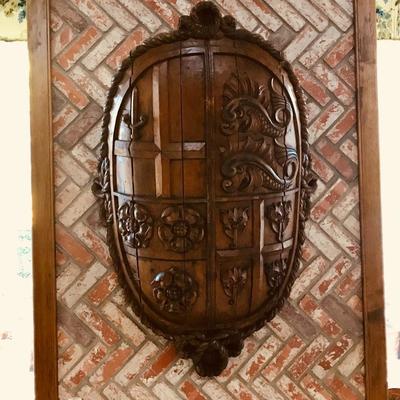 Large carved wood coat of arms