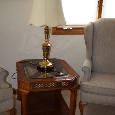 End Table With Glass Top & Brass Lamp
