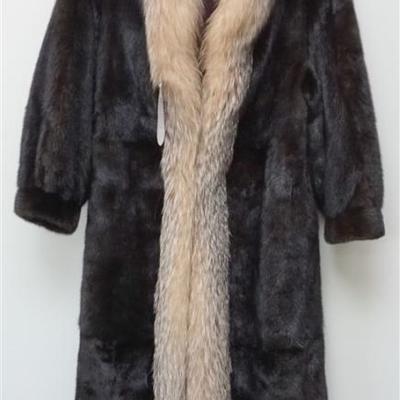 NO RESERVE Contemporary Full Length Dark Mahogany Mink Coat with Crystal Fox Trim in excellent condition. Size small. This fur has been...