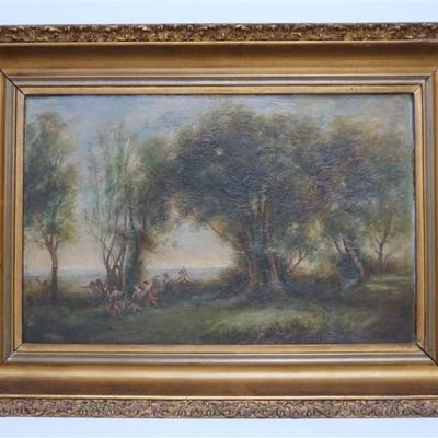 Antique late 19th c. Oil on Academy Board. Follower of Jean Baptiste Camille Carot (French, 1796-1875). Landscape with woodland nymphs...