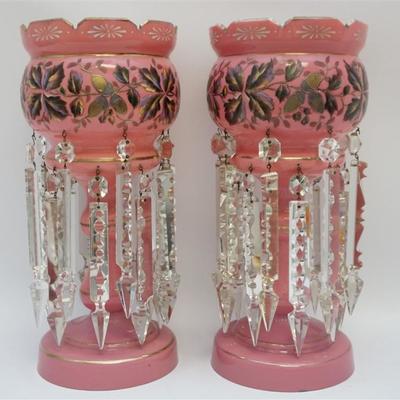 A matched pair of Tall 19th c. Victorian Pink Bristol Glass Lusters. Decorated with prism drops and further enhanced with enameled acorn...