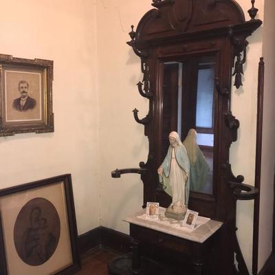 TALL ANTIQUE AND ORNATE HALL TREE
Statue of Mary is not for sale