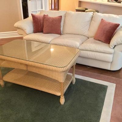  Natuzzi leather sofa and Ethan Allen wicker coffee table 