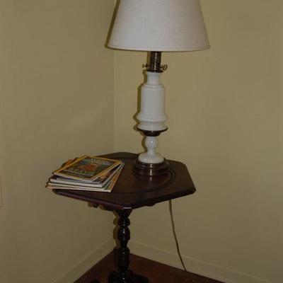 Antique hexagonal table, vintage lamp
