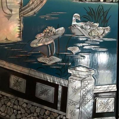 Stunning 3 panel black lacquer mother of pearl inlay art
