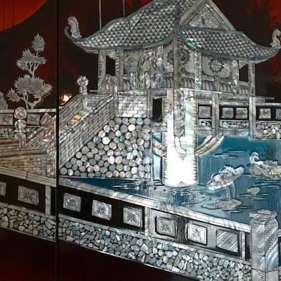 Stunning 3 panel black lacquer mother of pearl inlay art
