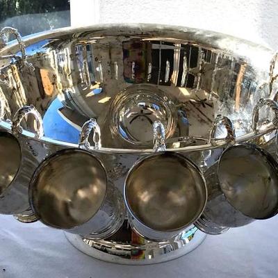 silverplated punch bowl and 12 cups