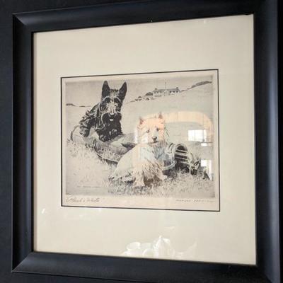 Black and White Whisky antique scottie dog etchings by Morgan Dennis, signed