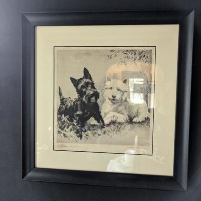 Black and White Whisky antique scottie dog etchings by Morgan Dennis, signed