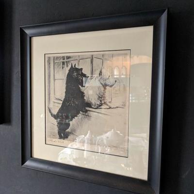 Black and White Whisky antique scottie dog etchings by Morgan Dennis, signed