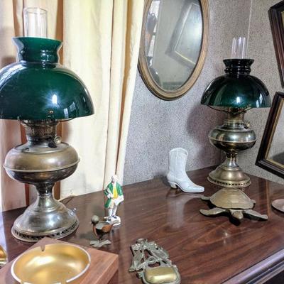 Vintage brass electric lamps with green shades