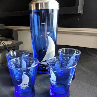 Vintage cobalt sail boat cocktail shaker with 4 glasses