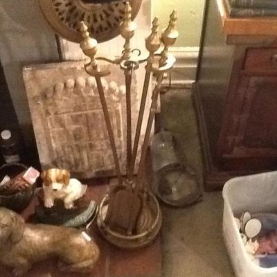 Antique Brass Fireplace Tools, Hammered Fireplace Screen Not Pictured