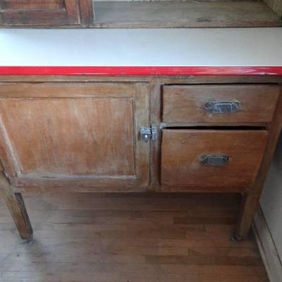 Antique Hoosier cabinet w/Red & White enameled top ...