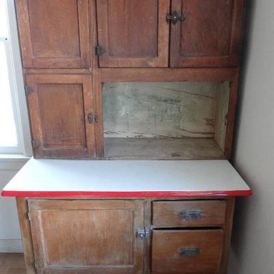 Antique Hoosier cabinet w/Red & White enameled top ...
