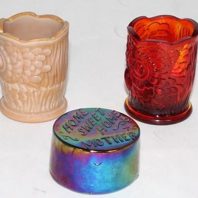 Bob St. Clair Owl Slag and Red Glass Toothpick Holder and Ed St.Clair Blue Carnival Glass  "Home Sweet Home Mother" Paperweight