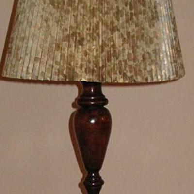 Dark Pine Wood Turned Table Lamp with Pleated Camo Shade