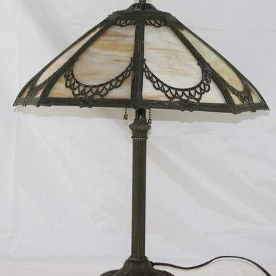 Antique Art Nouveau Slag Glass 8-Panel Table Lamp