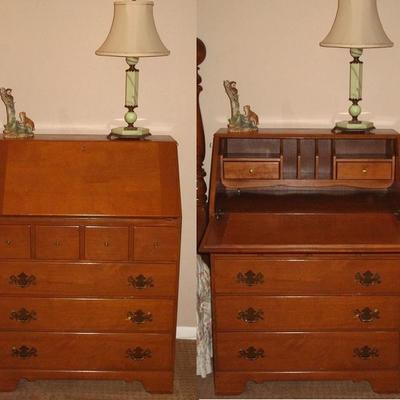 Vintage Drop Front Slant Top 4 Drawer Desk with Interior Pigeon Holes & 2 Drawers (Photo shows Closed & Open)