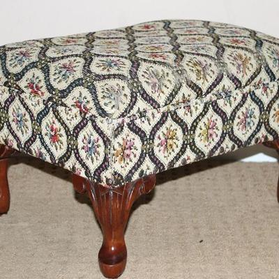 Vintage Footstool with Black Lattice Rose Tapestry on Mahogany Cabriole Legs  (18"W x 13.5"D x 12"H)