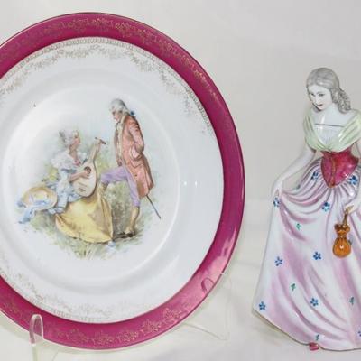 CarlToelsch Altwasser Germany Courting Scene Cabinet Plate (10") shown with a Capodimonte Porcelain Lady Figurine (8"H)