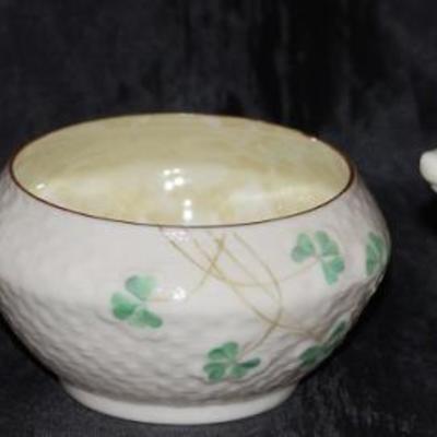 Irish Belleek Porcelain Pig Figurines and Shamrock Bowl