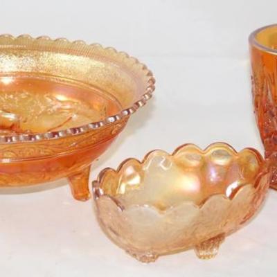 Imperial Glass Co Marigold Carnival "Windmill"  Footed Bowl and "Cosmos" 4.5" Mug.   Jeanette Glass Co....