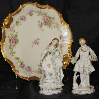 Limoges France B&H (Blakeman & Henderson) Porcelain Plate shown with Pair Vintage Japan Colonial Couple Figurines